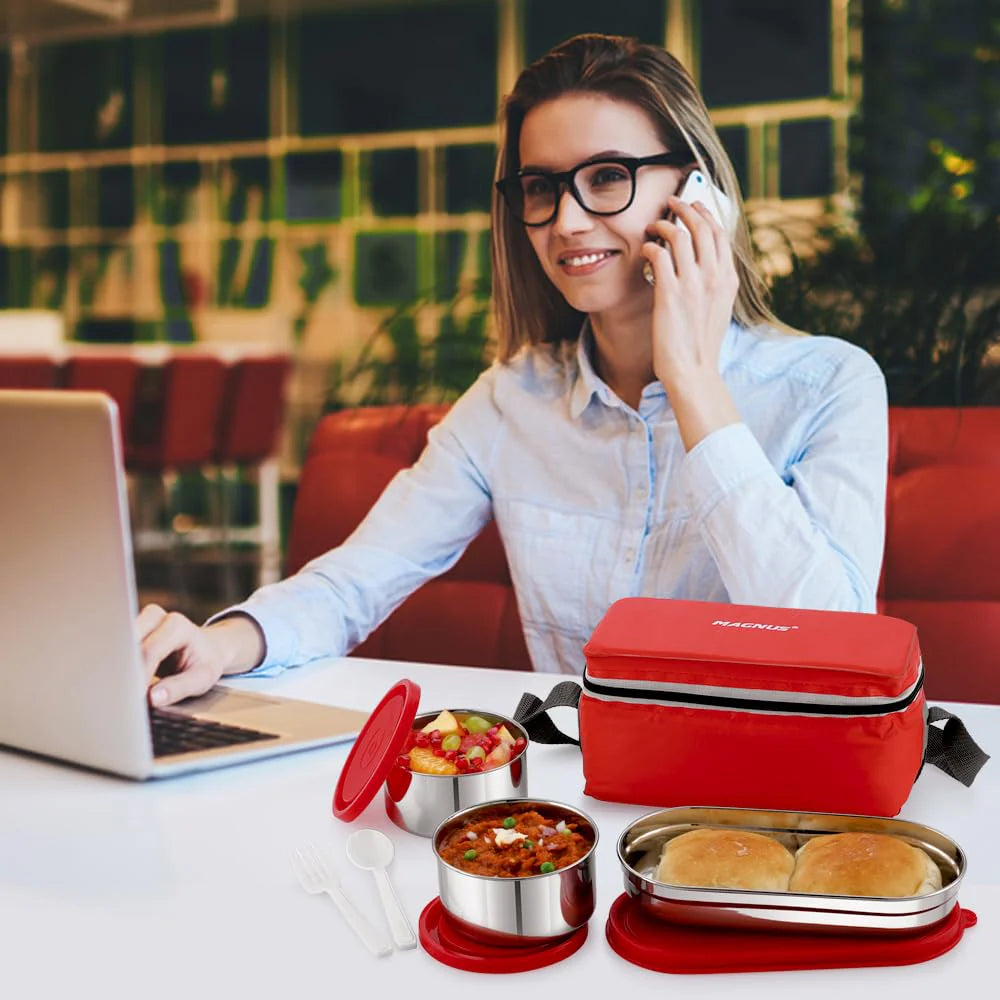 Fancy 3 Prime Steel Lunch Box Set | Leak-Proof Lunch Box for Kids, Office Men | 1050ml | Insulated Bag & Washable Cover | Tiffin with 3 Compartments | Safe & Stylish Design
