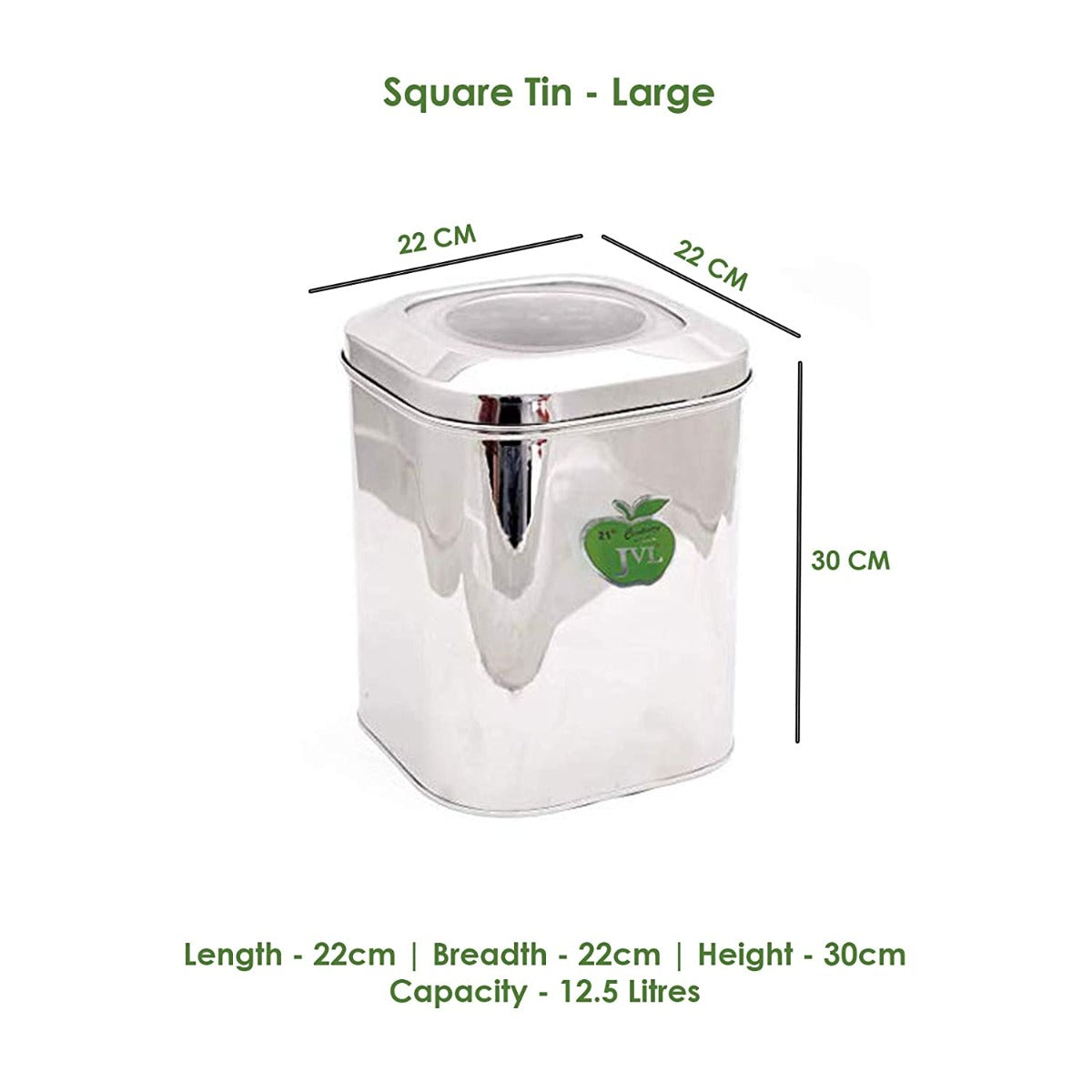 JVL Set of 3  Stainless Steel Square Cube Store Tin Storage for Kitchen with C Thru Lid- (4.80 Litres, 8 Litres, 12.50 Litres)