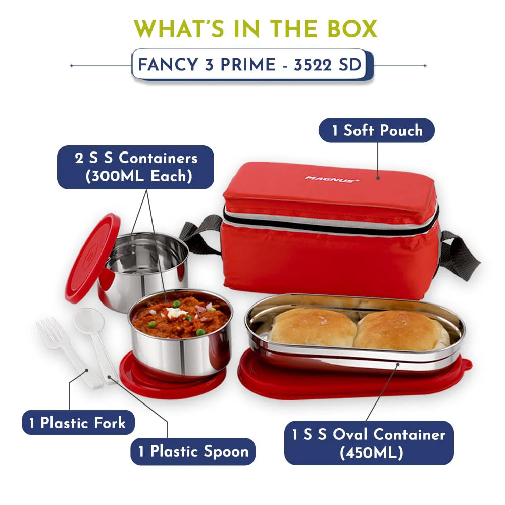 Fancy 3 Prime Steel Lunch Box Set | Leak-Proof Lunch Box for Kids, Office Men | 1050ml | Insulated Bag & Washable Cover | Tiffin with 3 Compartments | Safe & Stylish Design
