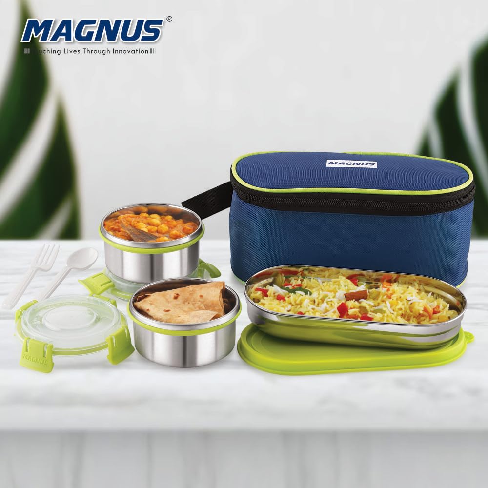 Avanza 3 Prime - Stainless Steel Leakproof Lunch Box with Klip Lock & Insulated Bag | Tiffin for Office, School, Men, Women, Kids | Airtight & BPA-Free Food Containers