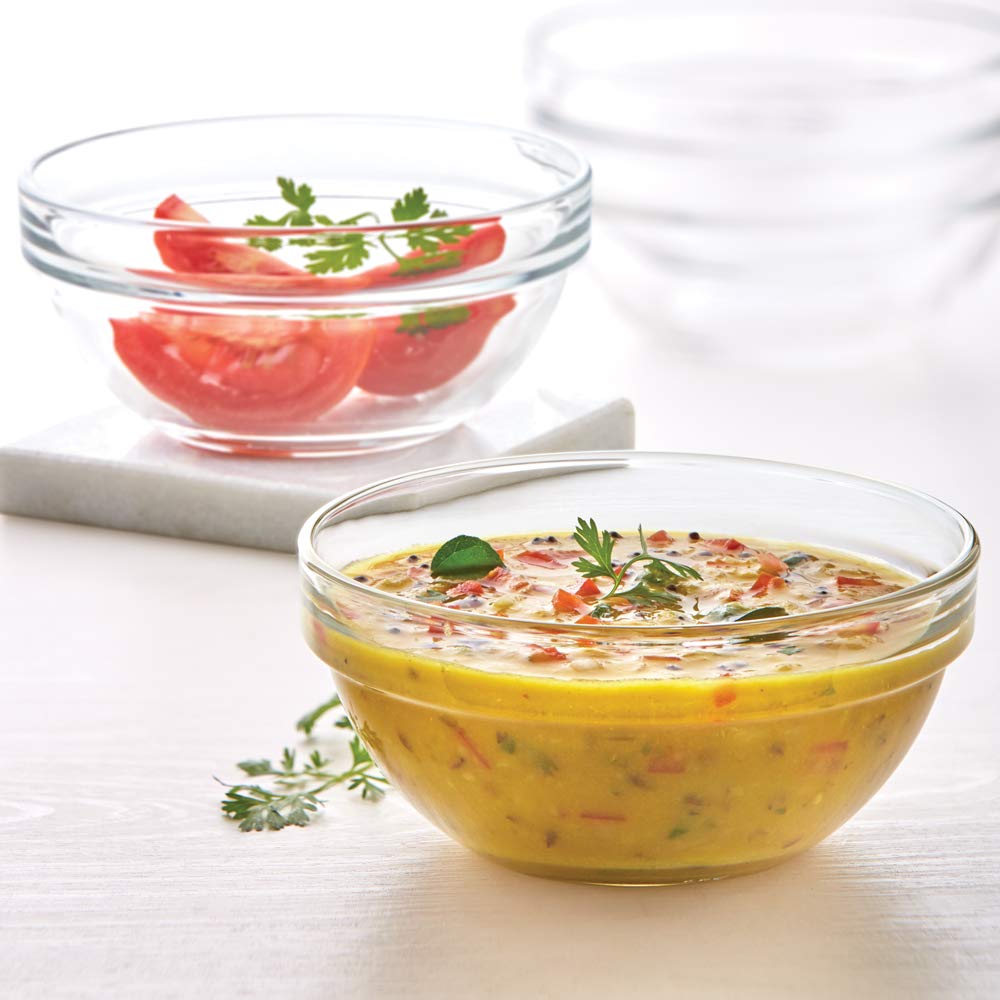 Borosil 375ml 6pc Stackable Serving Katorie Set | Borosilicate Glass Bowl for Kitchen & Dinning | Kattori Bowl for Serving Dips, Chutney, Herbs, Sauce, Ketchup | Microwave & Dishwasher Safe