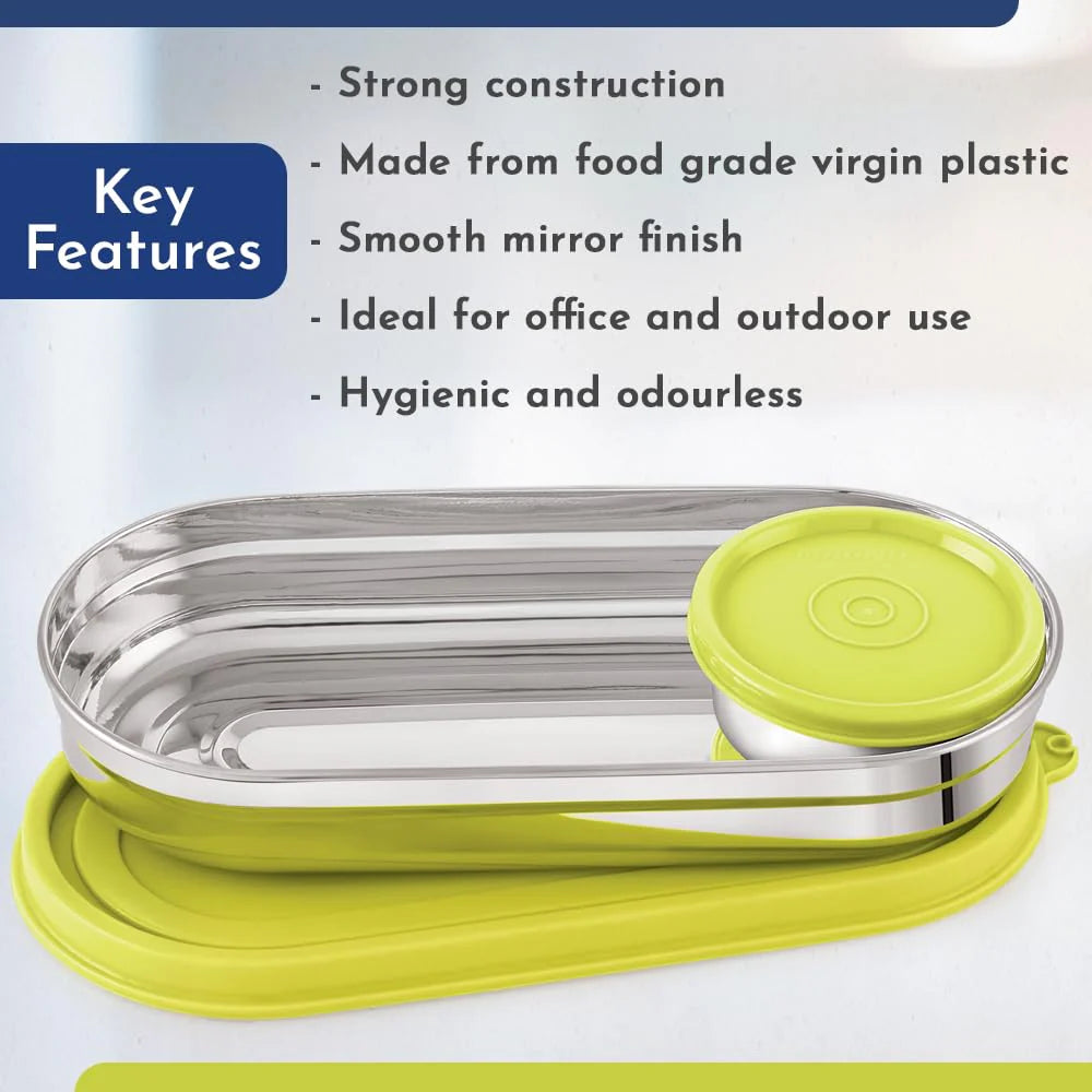 Easy Lock Stainless Steel Prime Oval & Chocolate Container Set – Airtight & Leakproof Tiffin for School, Office, Picnic | Lunch Box for Men, Women & Kids (Green, 100ml & 450ml)