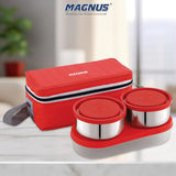 Fancy-3 Stainless Steel Lunch Box Set – 3 Leak-Proof Containers with Stylish Red Carry Bag | 3 Compartments, Washable Cover | Lunch Box for Kids & Office Men | Safe & Durable Design