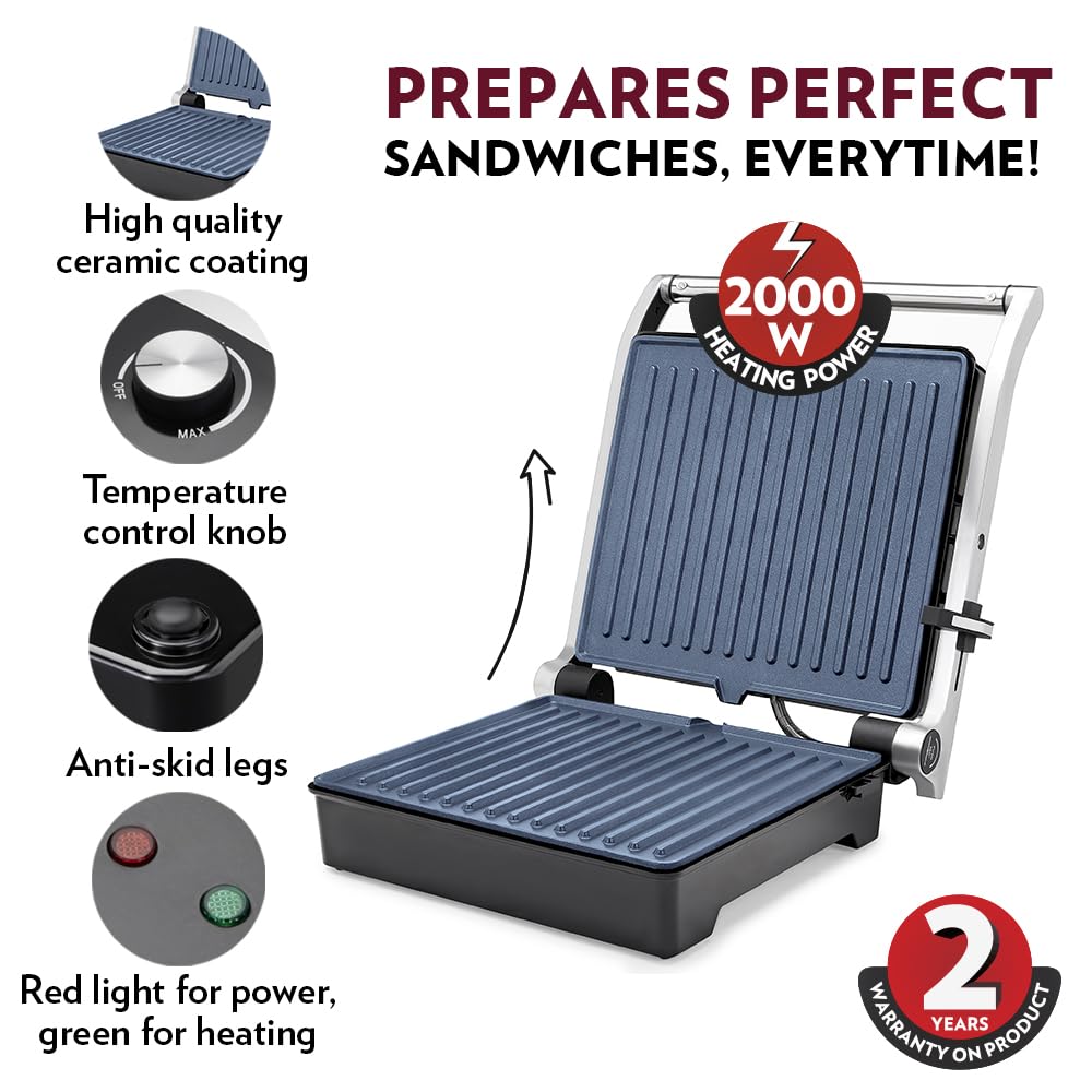 Borosil Jumbo 180° Grill Sandwich Maker 1500 W, opens 180°, 4 sandwiches