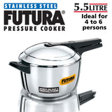 Hawkins Futura Stainless Steel Pressure Cooker 5.5 Ltr.: FSS55 with Hawkins Futura Genuine 2 Gasket & 2 Safety Valve