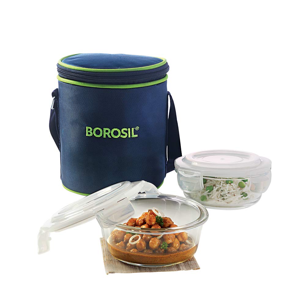 Borosil Klip n Store Lunchbox with Bag | Set of 2 (400ml Each) | Borosilicate Glass, Round, Vertical | Microwave & Dishwasher Safe, Leak Proof | Tiffin for Office, School, College | Blue, Transparent