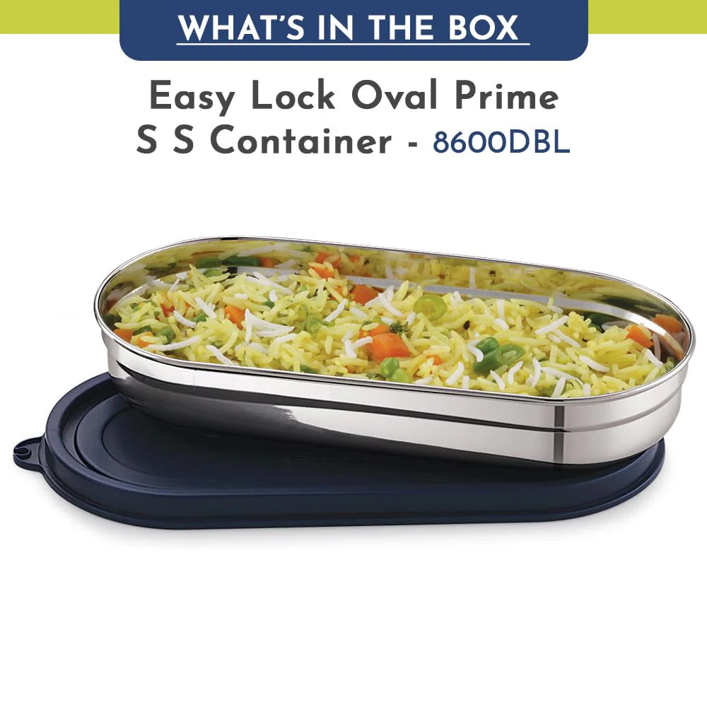 Easy Lock Oval Prime Stainless Steel Container – Airtight & Leakproof Lid for School, Office, Picnic | Ideal for Men, Women & Kids (Dark Blue, 450ml)