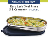 Easy Lock Oval Prime Stainless Steel Container – Airtight & Leakproof Lid for School, Office, Picnic | Ideal for Men, Women & Kids (Dark Blue, 450ml)