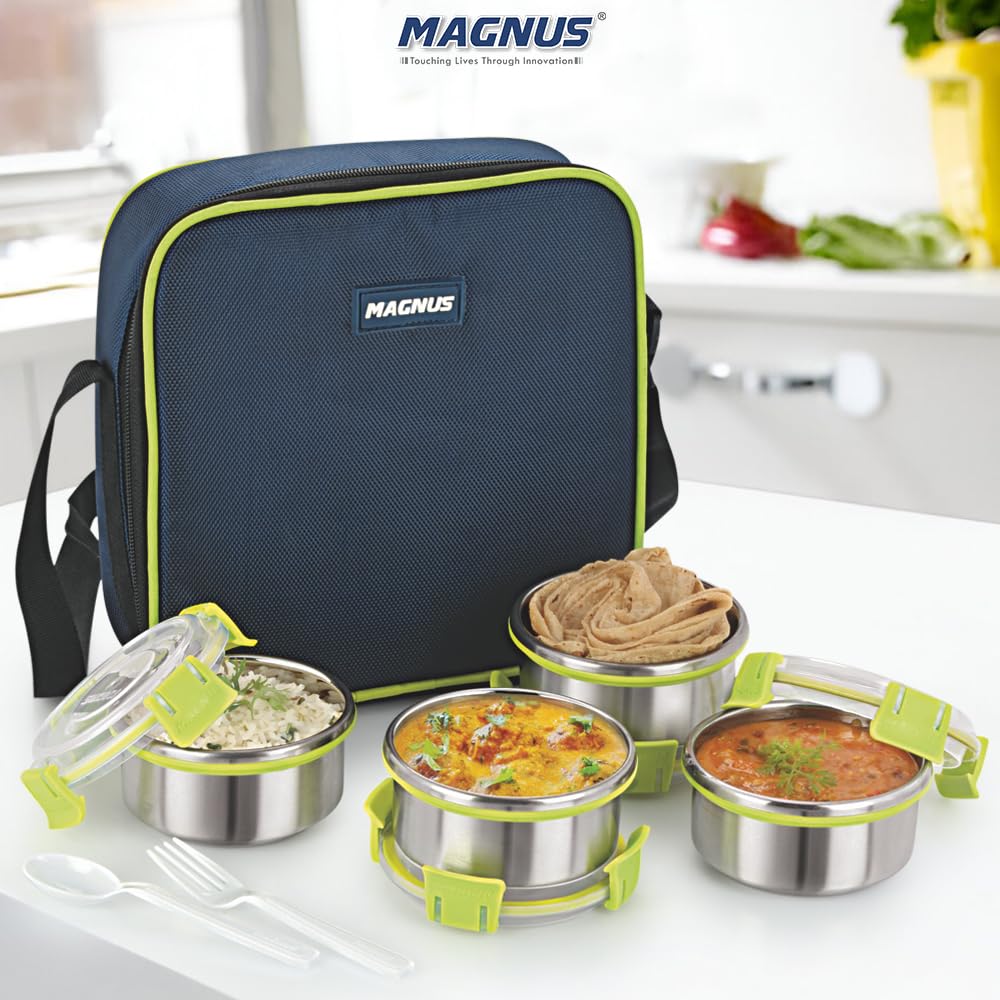 Quatro 4-Piece Stainless Steel Lunch Box Set | Leakproof & Airtight Containers with Insulated Bag | BPA-Free Tiffin for Office, School, Kids, Men & Women