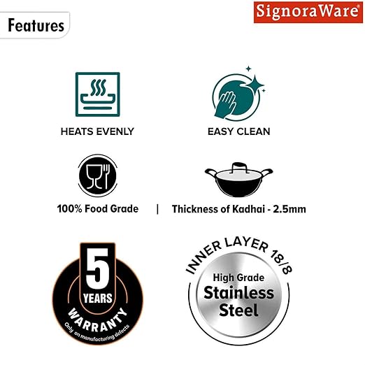 Signoraware Artista Triply Shallow Kadhai Stainless Steel Induction Compatible Triply with Steel Lid (Induction and Gas Compatible), 22cm, Capacity 2100ml, Silver