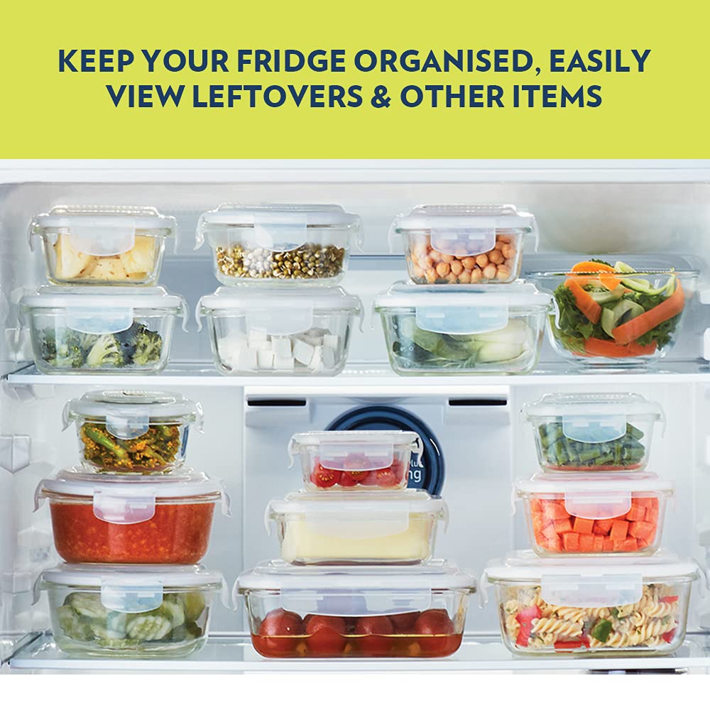 Borosil Klip N Store Glass Storage Container For Kitchen With Air-Tight Lid, Microwave & Oven Safe, Round, 950 ml, Clear