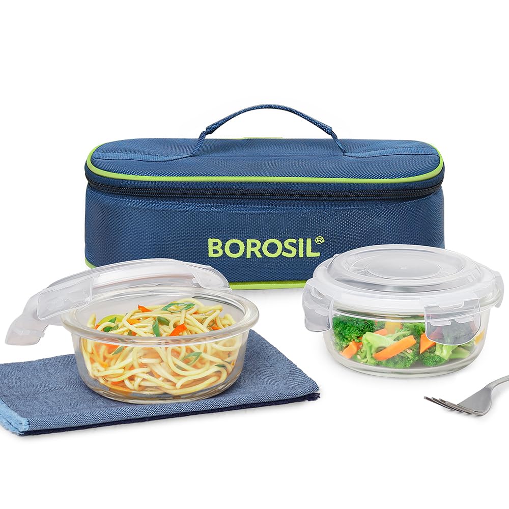 Borosil Klip n Store Lunchbox with Bag | Set of 2 (400ml Each) | Borosilicate Glass, Round, Horizontal | Microwave & Dishwasher Safe, Leakproof | Tiffin for Office, School, College | Blue, Transparent
