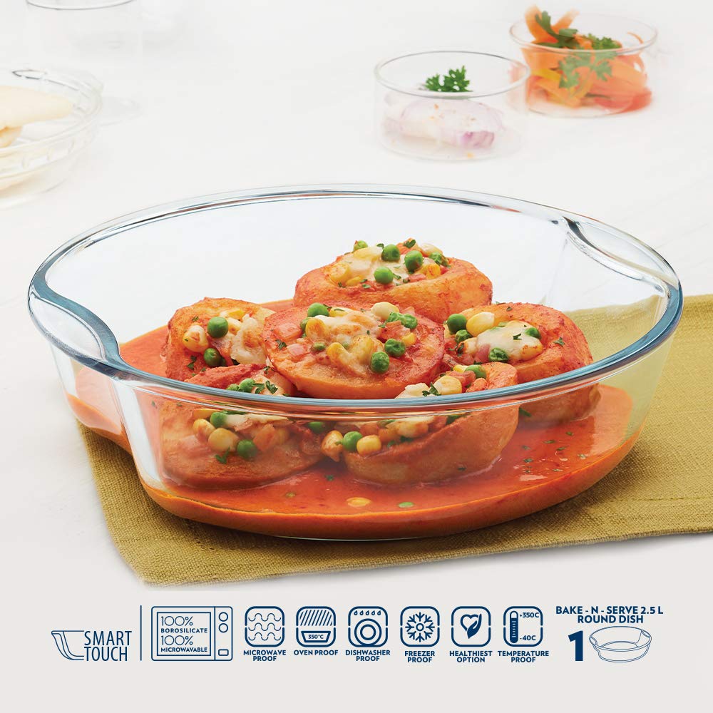 2.5 Baking Dish Set with Handle | Round Shape Bowl Container | Borosilicate Glass Bake and Serve Dish Tray | Microwave, Oven & Dishwasher Safe | Transparent