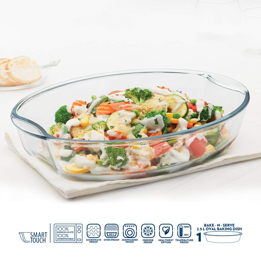 2.5 Baking Dish Set with Handle | Oval Shape Bowl Container | Borosilicate Glass Bake and Serve Dish Tray | Microwave, Oven & Dishwasher Safe | Transparent