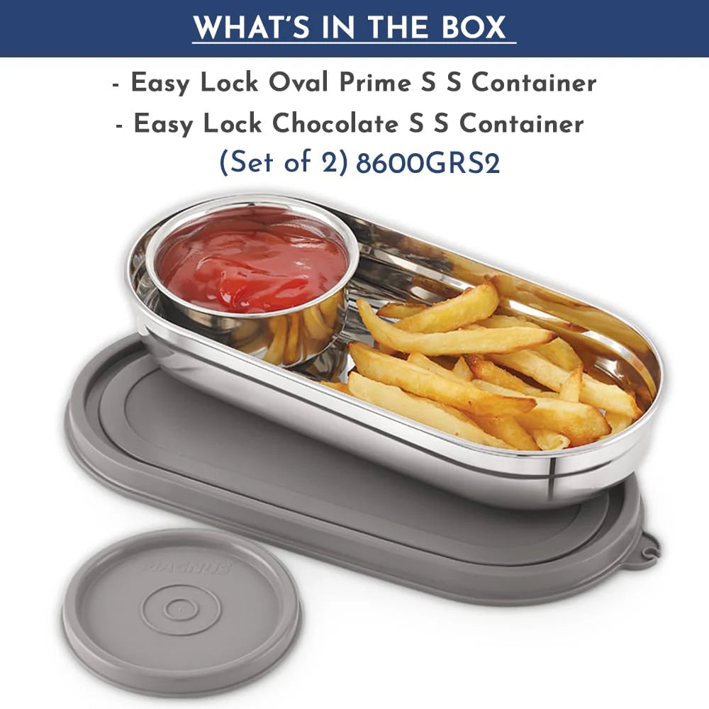 Easy Lock Stainless Steel Prime Oval & Chocolate Container Set – Airtight & Leakproof Tiffin for School, Office, Picnic | Lunch Box for Men, Women & Kids (Grey, 100ml & 450ml)