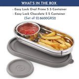 Easy Lock Stainless Steel Prime Oval & Chocolate Container Set – Airtight & Leakproof Tiffin for School, Office, Picnic | Lunch Box for Men, Women & Kids (Grey, 100ml & 450ml)