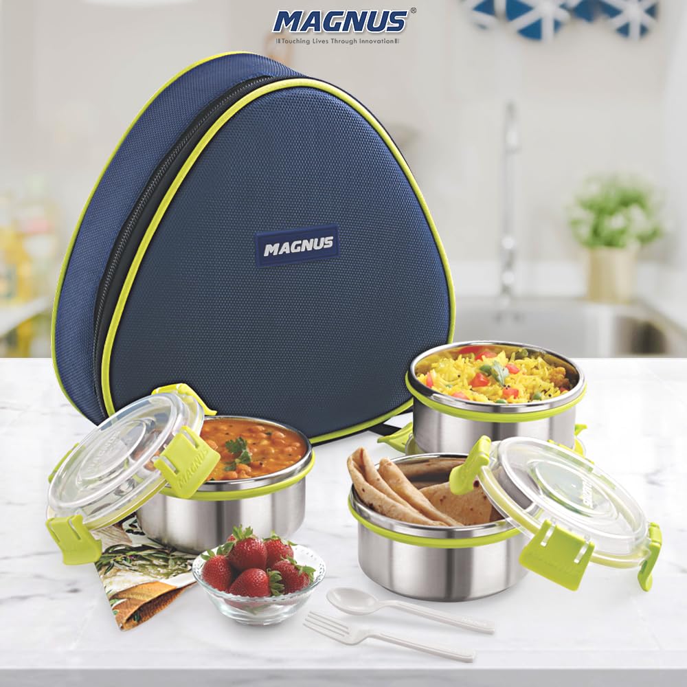 Fresh Meal 3 - Stainless Steel Lunch Box for Kids & Adults, Tiffin Box for Kids, Office, School | Klip Lock, Insulated Bag | Airtight, Leakproof & BPA-Free Food Container