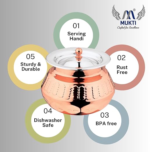 Mukti Stainless Steel Food Storage Handis & Cooking Pots|Curry Pots, Gravy, Rice Patilas, Biryani Kadhai & Topes|Khichdi King Gold with Lid|1100ml x 1pc