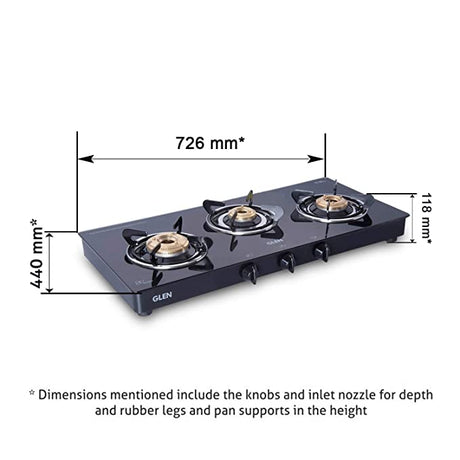 Glen 1033 GTXL BB BL| 3 Burner Glass Gas Stove with Brass Burner Black