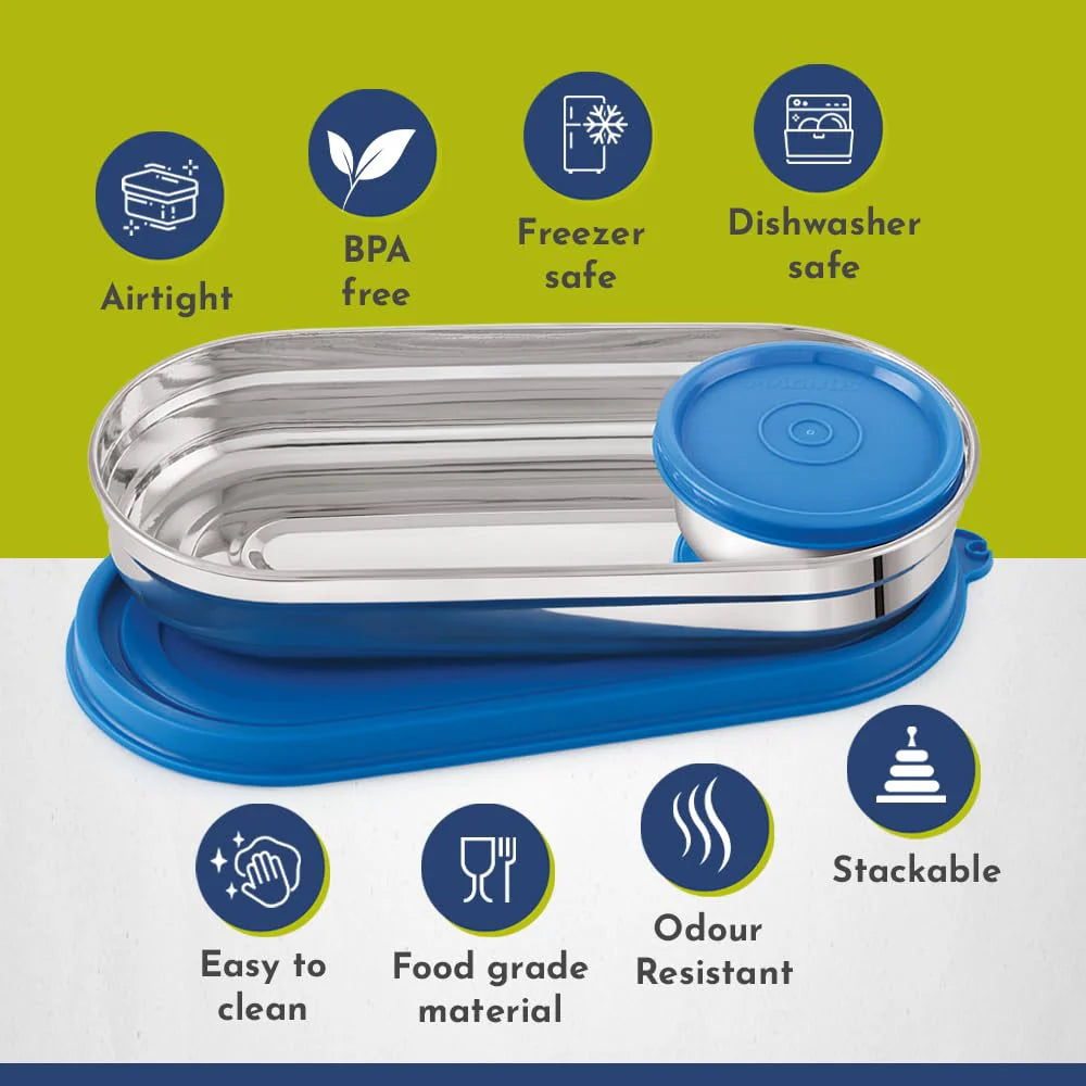 Easy Lock S S Prime Oval & Chocolate Container | Airtight & Leakproof Lid | Tiffin for School, Office, Picnic | Ideal Lunch Boxes for Men, Women, and Kids (Blue, 100ml, 450ml)