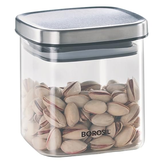 Borosil 600 ml Classic Square Jar with Stainless Steel Lid | Borosilicate Glass, Air-Tight Lid | Storage Container for Kitchen, Glass Jar for Storing Spices, Dals, Grains, Rice | Transparent