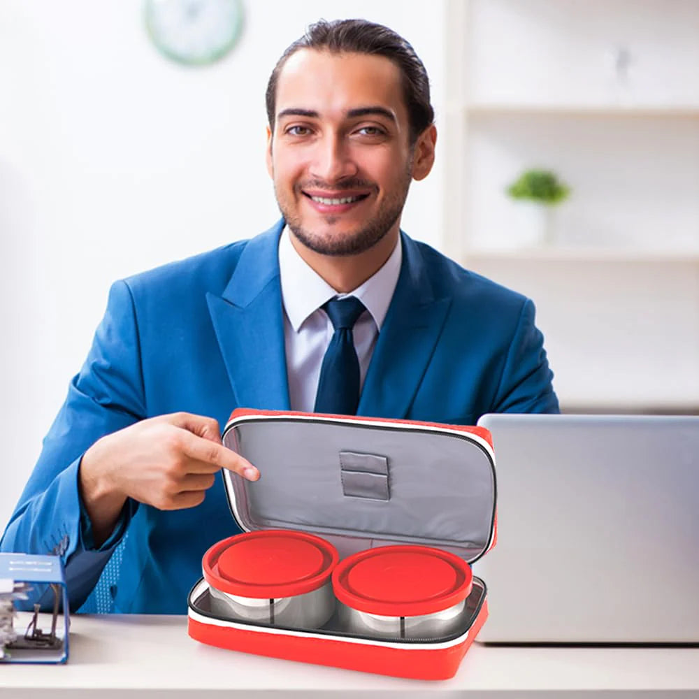 Fancy-2 Stainless Steel Lunch Box Set – 2 Leak-Proof Containers with Insulated Carry Bag | 1050ml Compact Tiffin for Office & School, Washable Cover