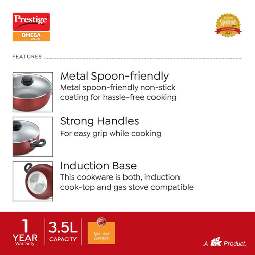 Prestige Omega Deluxe Aluminium Non-Stick Round Base Deep Kadai with Glass Lid 24cm (Red) 36725