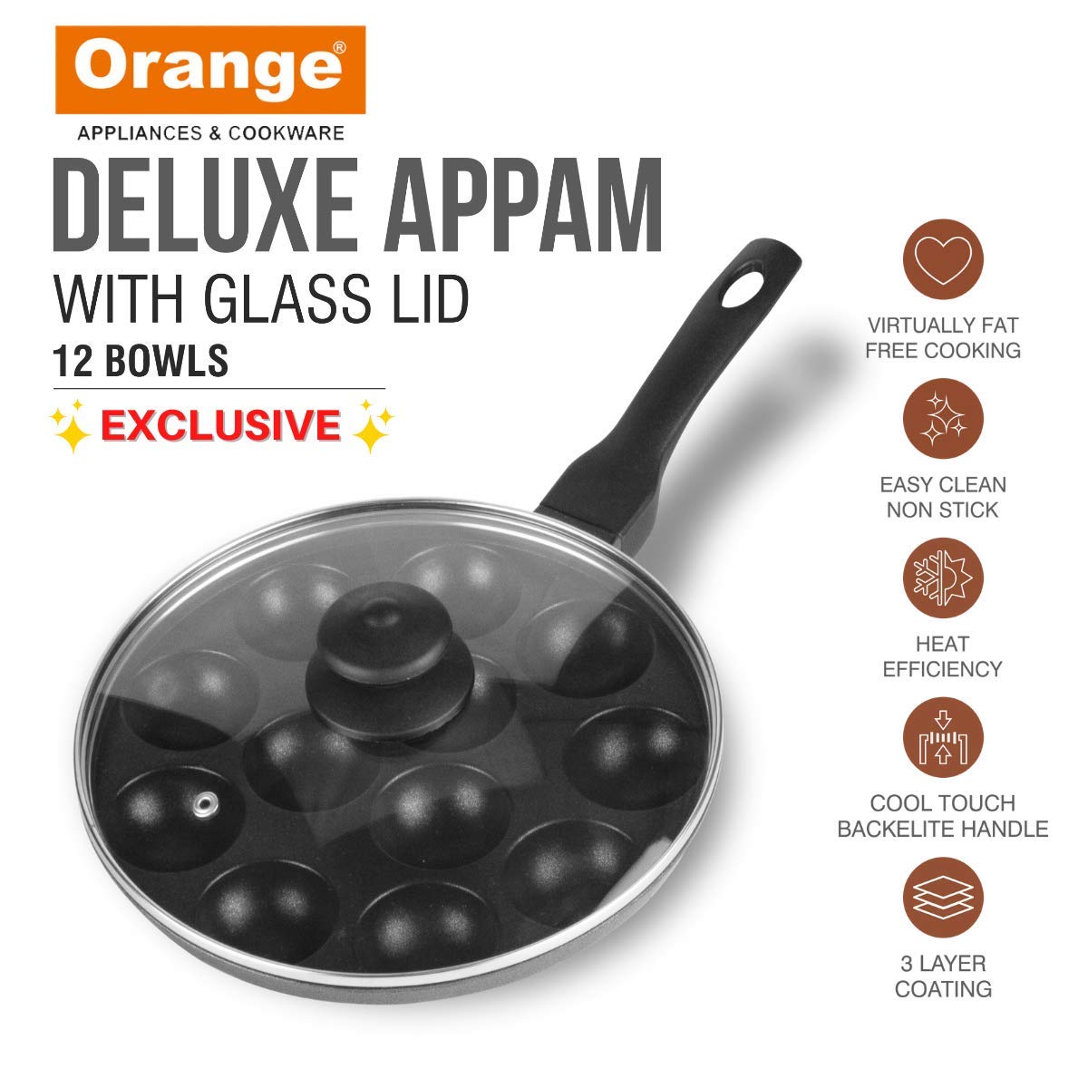 Orange Deluxe Non-Stick Heavy Base 12 Cavity Appam Patra Long One Side Handle with Superior Glass lid & Wooden Picker 240 mm (Black)