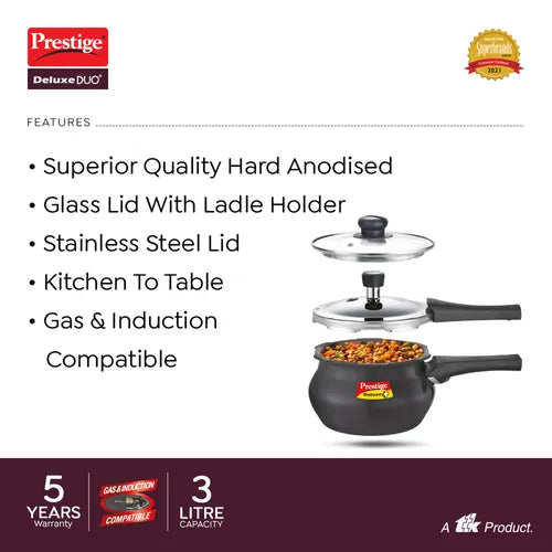Prestige Deluxe Duo Plus Hard Anodised Pressure Cooker with 1 Glass Lid and 1 Stainless Steel Lid, 3 L (Black)20144