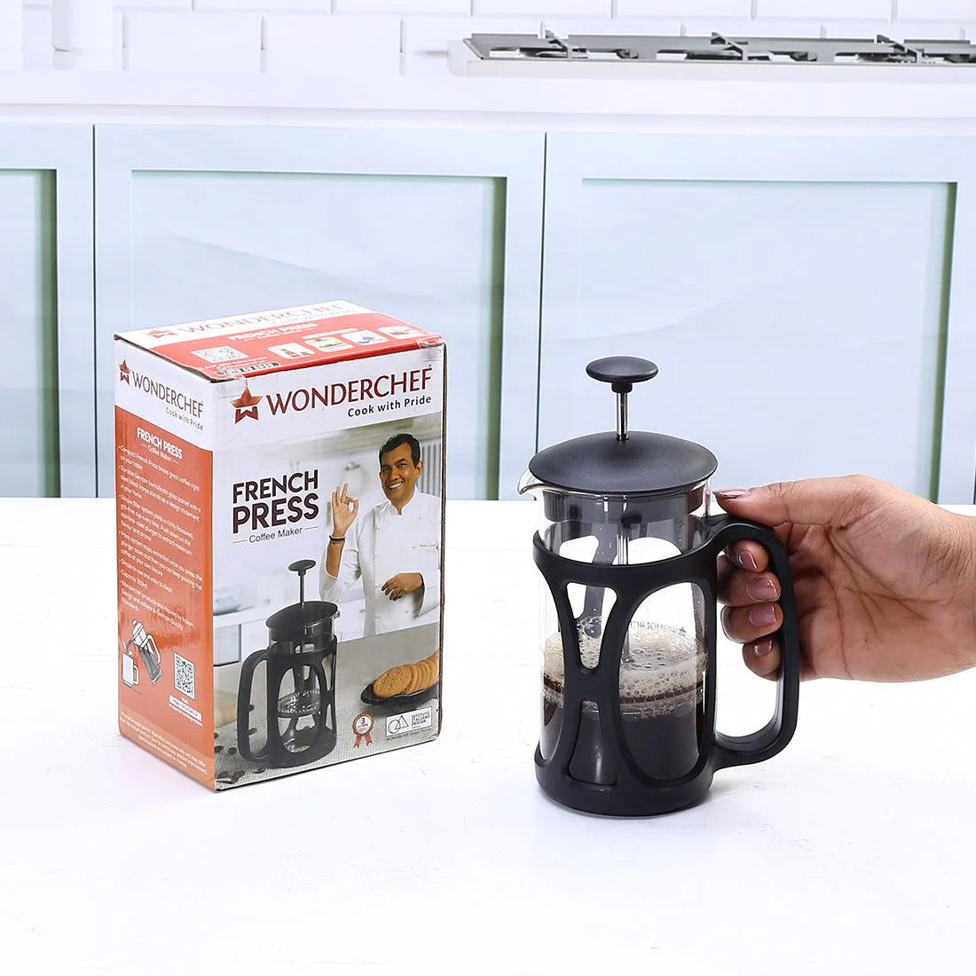 French Press Coffee & Tea Maker 350 ml | Premium Heat Resistant Borosilicate Glass Carafe | 4 Level Filtration System | Stainless Steel Plunger with Mesh | 1-2 Cups of Coffee | Brews in Just 3 Minutes | Black