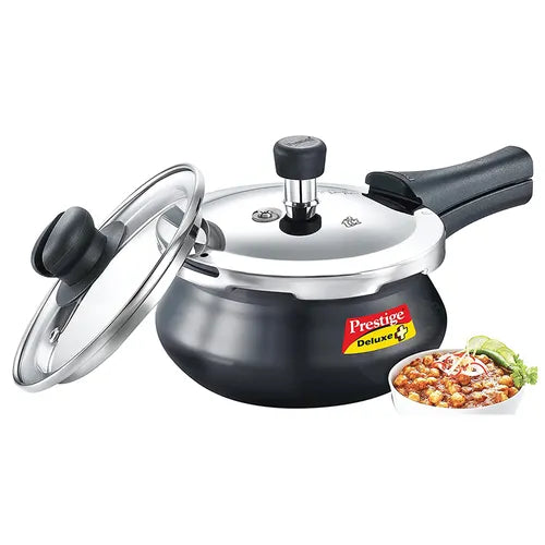 Deluxe Duo Plus Hard Anodised Gas and Induction Compatible Pressure Handi with Glass Lid, 1.5 L (Black)