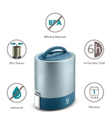 Vaya Tyffyn Blue Copper-Finished Stainless Steel Lunch Box with Bagmat, 1000 ml, 3 Containers, Blue