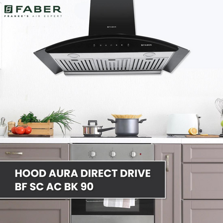 Faber Aura Direct Drive BF AC SC BK 90cm Auto Clean Wall Mounted Chimney Baffle Filter Black Tempered Glass 3 Speed Gesture