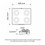 Glen CT 1042 GT BB BL HF CPS 4 Burner Glass Gas Stove with High Flame Brass Burner and Crown Pan Supports - Manual Ignition