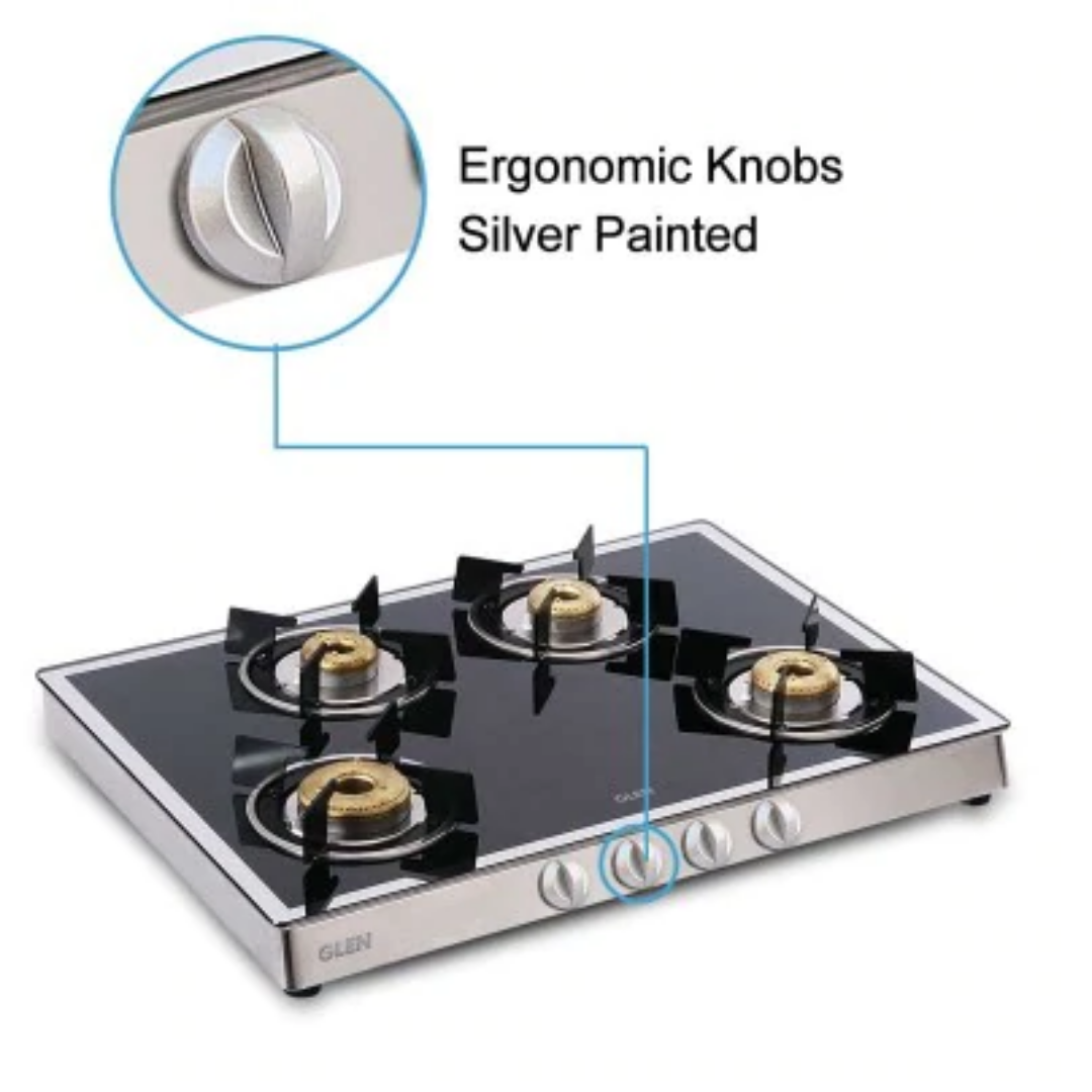 Glen  4 Burner Glass Gas Stove Mirror Finish 1 High Flame 3 Forged Brass Burner 70 CM (1048 GT FBM)