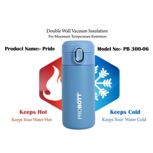 Pride 300ml Thermosteel Hot & Cold Insulated Stainless Steel Travel Flask, Blue | Spill Proof Coffee & Tea Mug | Easy Grip, Easy to Carry | PB 300-06