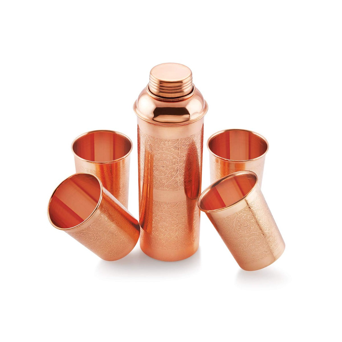 Pipal Product Llp Leak-Proof and Joint-Less Copper Drinkware Set with Ayurvedic Health Benefits, 1 Bottle and 4 Glasses