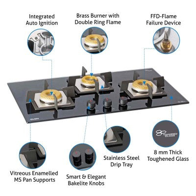 Glen 3 Burner Built-in Glass Hob 1073 SQ INBB FFD (Flame Failure Device)