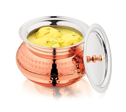 Mukti Stainless Steel Food Storage Handis & Cooking Pots|Curry Pots, Gravy, Rice Patilas, Biryani Kadhai & Topes|Zaika Texture Gold Handi with Lid|3000ml x 1pc