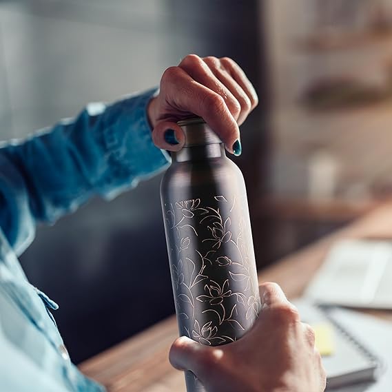Milton Copper Swasth Water Bottle, 940 ml, Black Lotus | Lacquer Coating, Curved bottle | Diwali | Festive | Gifting | Yoga | Home | Kitchen | Vedic