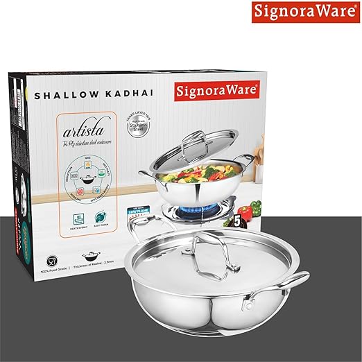 Signoraware Artista Triply Shallow Kadhai Stainless Steel Induction Compatible Triply with Steel Lid (Induction and Gas Compatible), 22cm, Capacity 2100ml, Silver