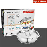Signoraware Artista Triply Shallow Kadhai Stainless Steel Induction Compatible Triply with Steel Lid (Induction and Gas Compatible), 22cm, Capacity 2100ml, Silver