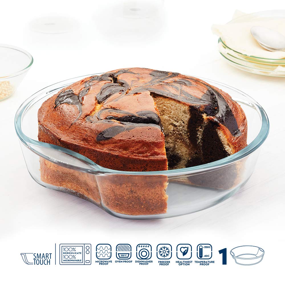 Borosil 1.5 Baking Dish Set with Handle | Round Shape Bowl Container | Borosilicate Glass Bake and Serve Dish Tray | Microwave, Oven & Dishwasher Safe | Transparent