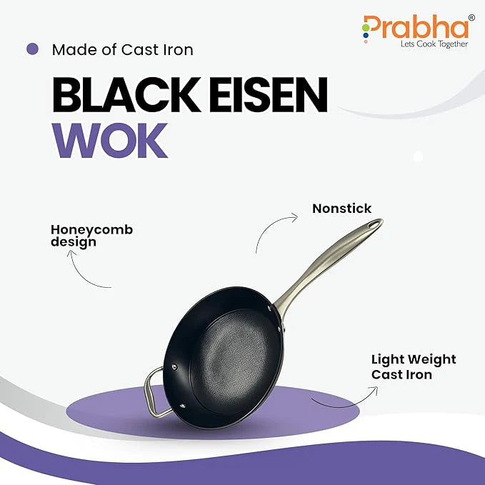 Black Eisen Cast Iron Wok With Steel Handle