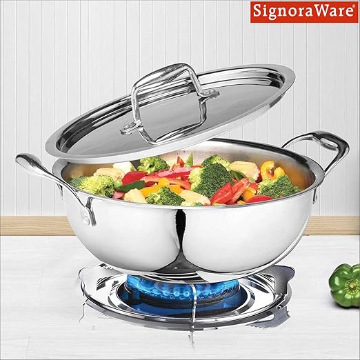 Signoraware Artista Triply Shallow Kadhai Stainless Steel Induction Compatible Triply with Steel Lid (Induction and Gas Compatible), 22cm, Capacity 2100ml, Silver