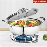 Signoraware Artista Triply Shallow Kadhai Stainless Steel Induction Compatible Triply with Steel Lid (Induction and Gas Compatible), 22cm, Capacity 2100ml, Silver