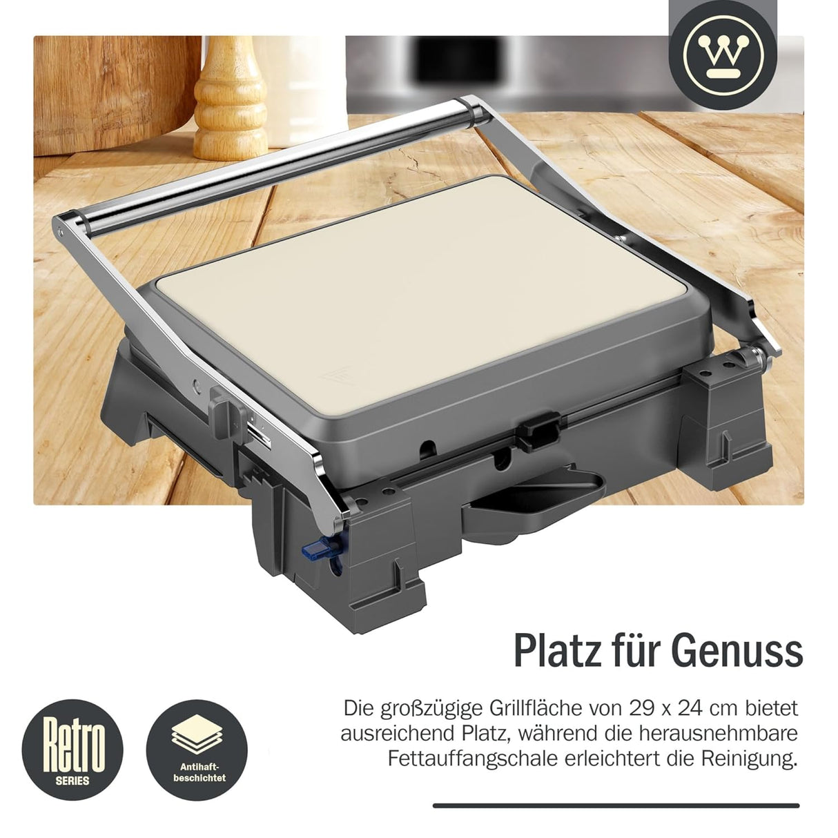 2200W Retro Contact Grill | Double Sided Non-Stick Grill Plate for Indoor Table Grilling | Opens 180° to Double Size | Adjustable Height Control | Cool Touch Handles | (White WKCG907WH)
