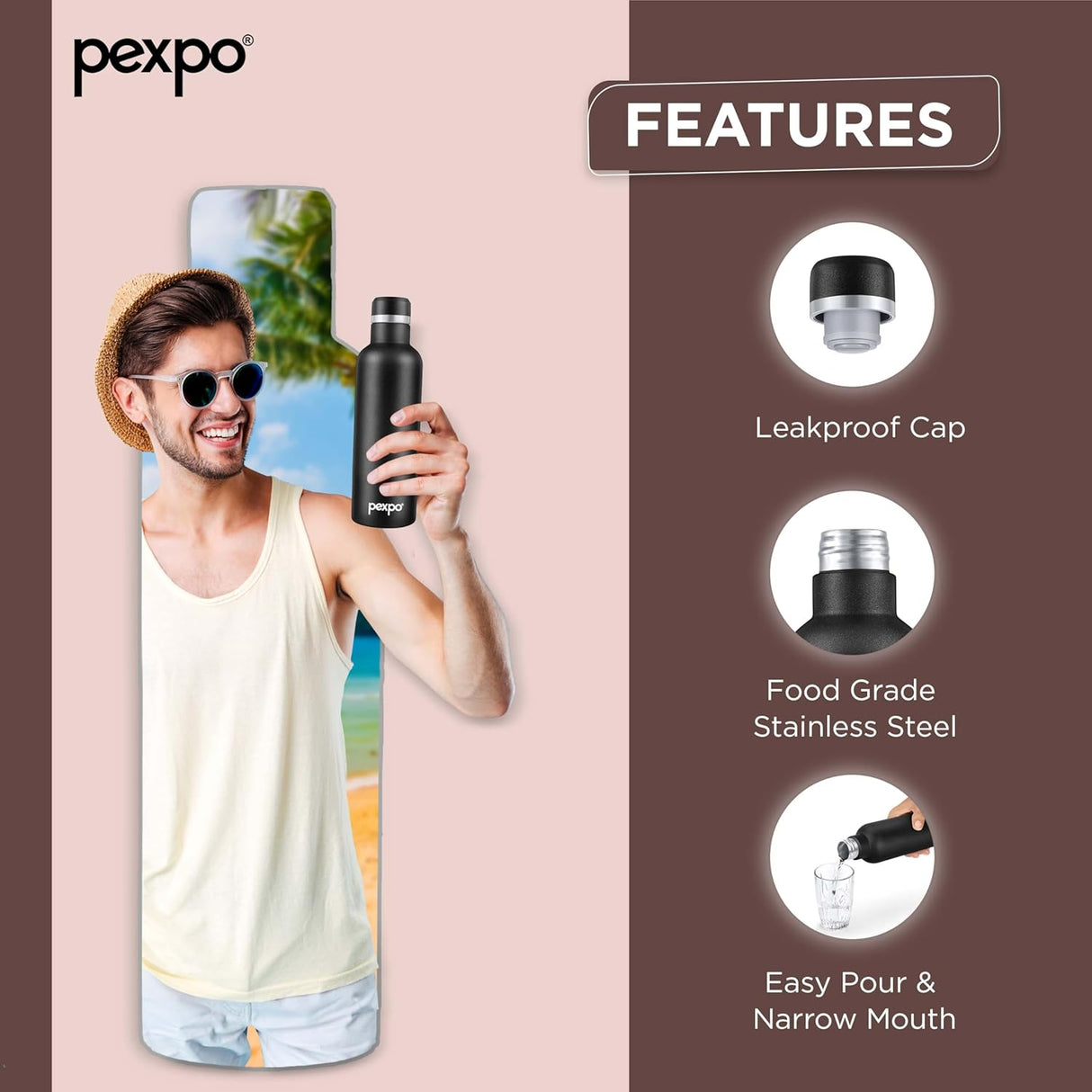 Pexpo Stainless Steel Hot and Cold Vacuum Insulated ISI Certified Flask,750ml,Black, | Double Wall Flask | BPA Free | Office | School | Home | Hiking | Gym