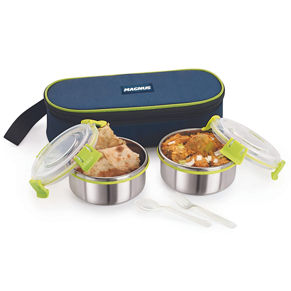 Meal Mate 2 Large Klip Lock Lunch Box with 450ml Steel Containers | Office & School Tiffin Set for Men, Women, Kids | Airtight, Leakproof, Insulated Cover & BPA-Free Bag