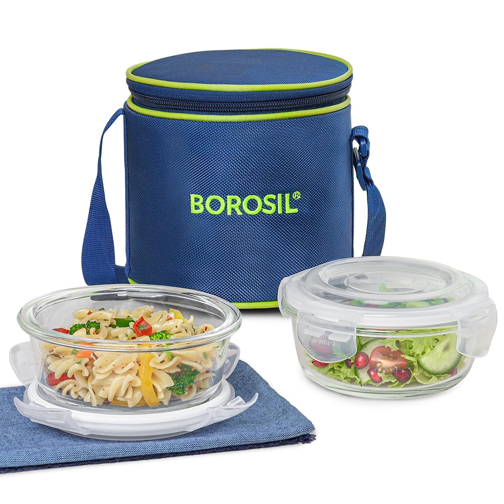 Borosil Klip n Store Lunchbox with Bag | Set of 2 (400ml Each) | Borosilicate Glass, Round, Vertical | Microwave & Dishwasher Safe, Leak Proof | Tiffin for Office, School, College | Blue, Transparent